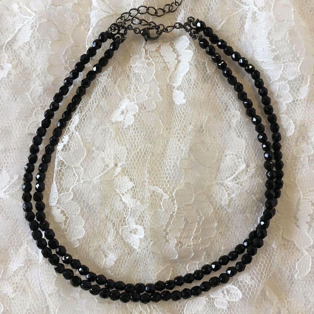 Vintage 1928 Black Bead Necklace Dainty 2 Strand Black Bead Victorian Style